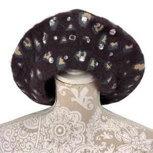 Fuzzy Cony (Rabbit) Fur Wool Blend Leopard Print Beret Hat Rhinestone Accents